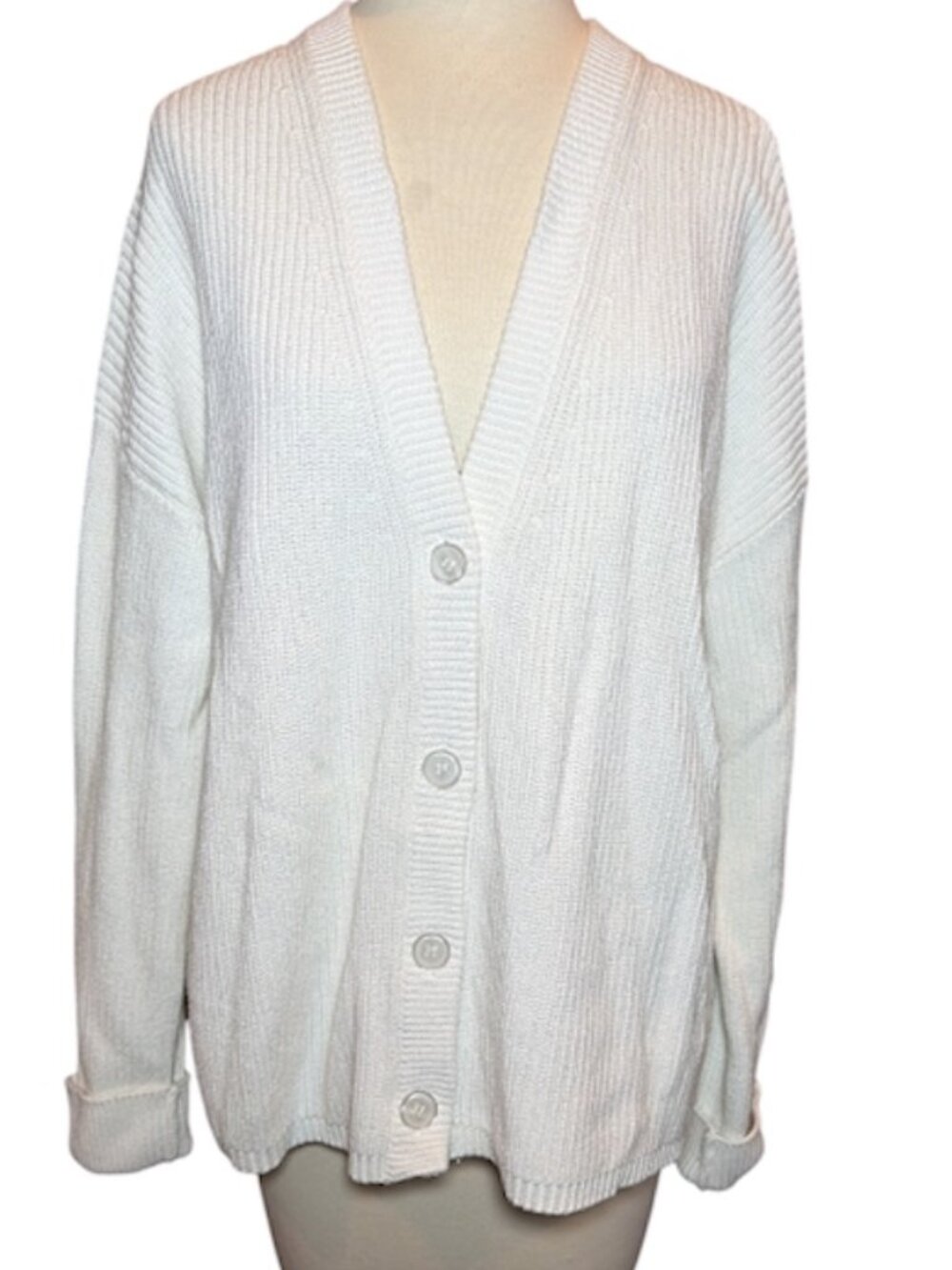 Michael Stars White Ribbed V-Neck Cardigan Sweater